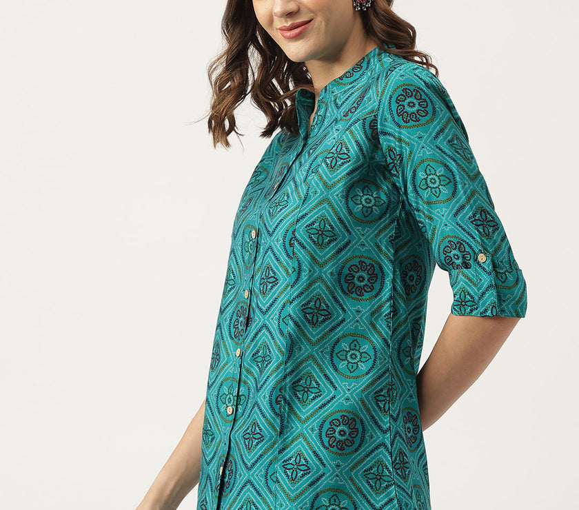 Divena Turquoise Blue Printed Muslin Fold Sleeve top