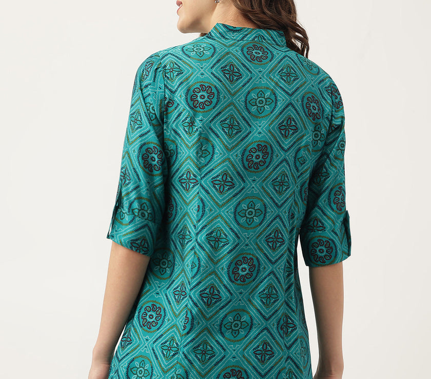 Divena Turquoise Blue Printed Muslin Fold Sleeve top