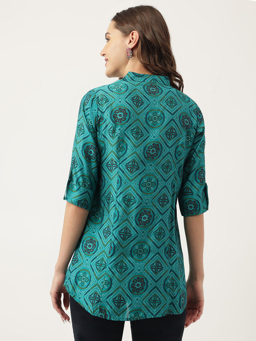 Divena Turquoise Blue Printed Muslin Fold Sleeve top