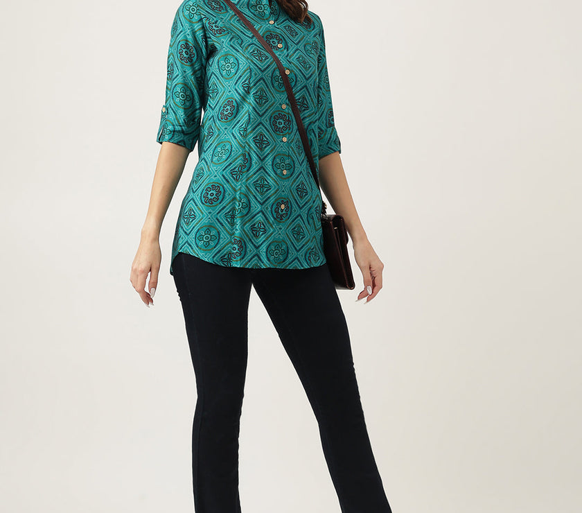 Divena Turquoise Blue Printed Muslin Fold Sleeve top