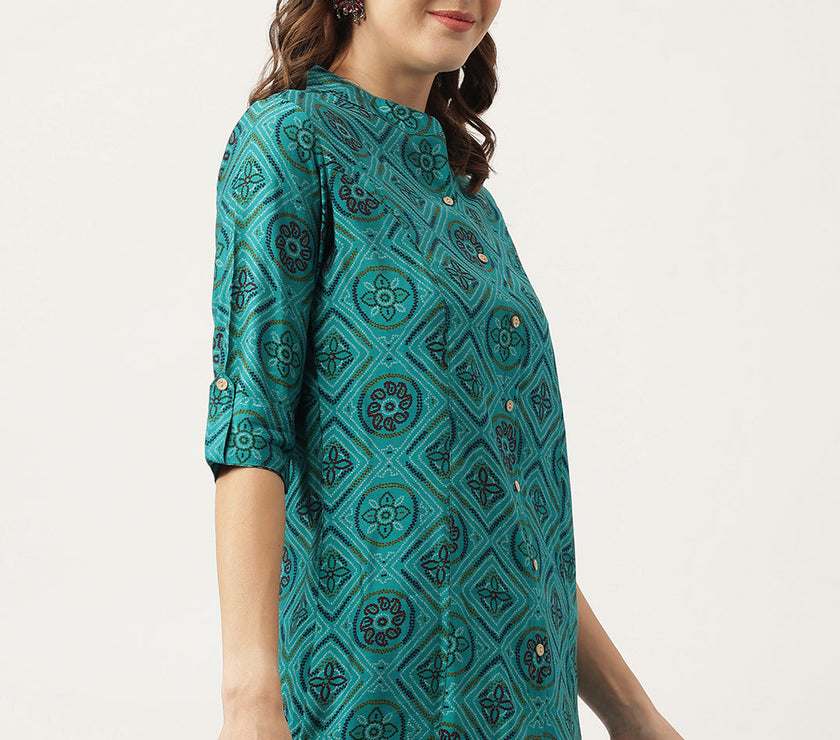 Divena Turquoise Blue Printed Muslin Fold Sleeve top