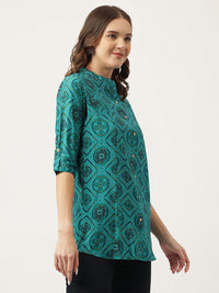 Divena Turquoise Blue Printed Muslin Fold Sleeve top