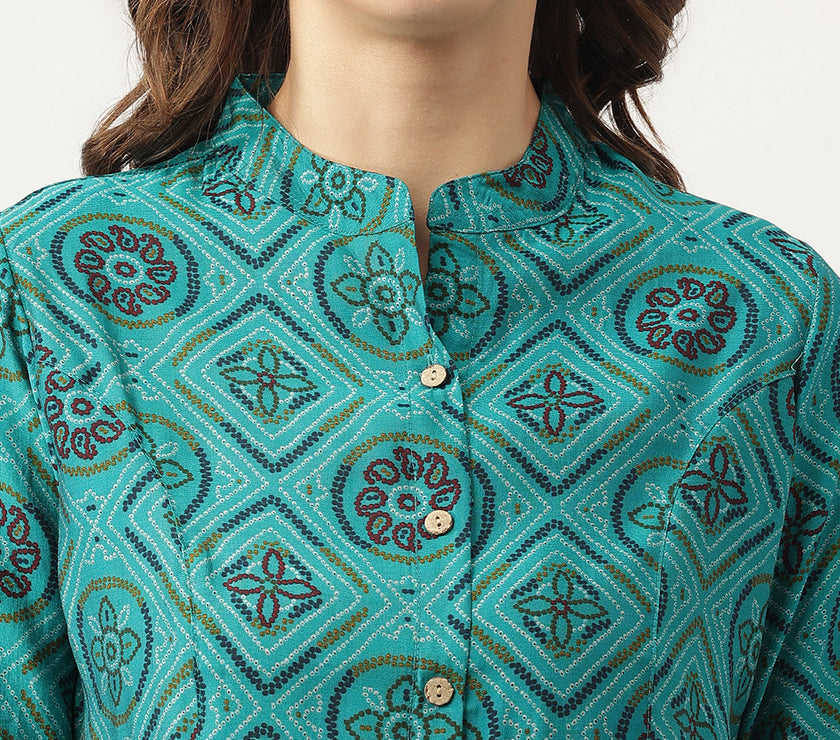 Divena Turquoise Blue Printed Muslin Fold Sleeve top