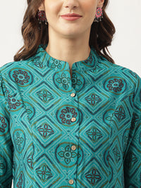 Divena Turquoise Blue Printed Muslin Fold Sleeve top