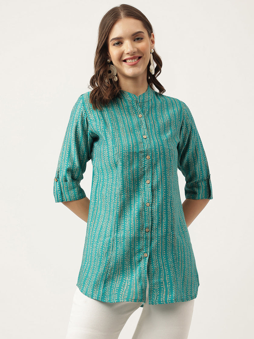 Divena Teal Blue Printed Muslin Fold Sleeve top