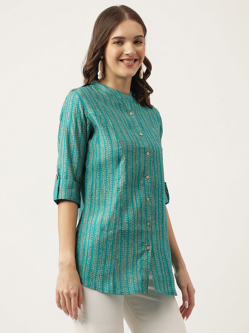 Divena Teal Blue Printed Muslin Fold Sleeve top