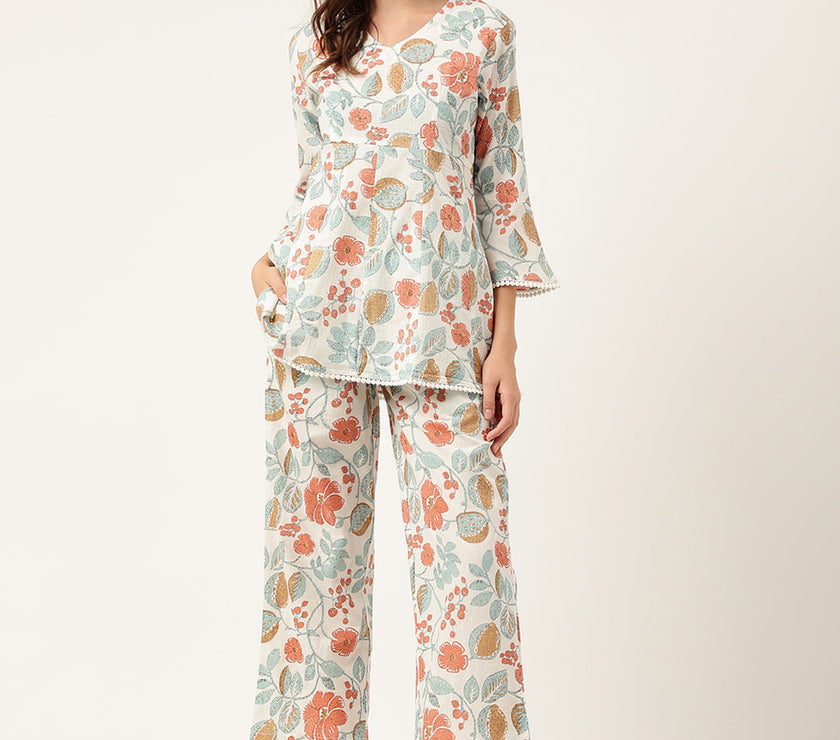 Divena Women Floral Printed Pure Cotton Tunic With Trousers