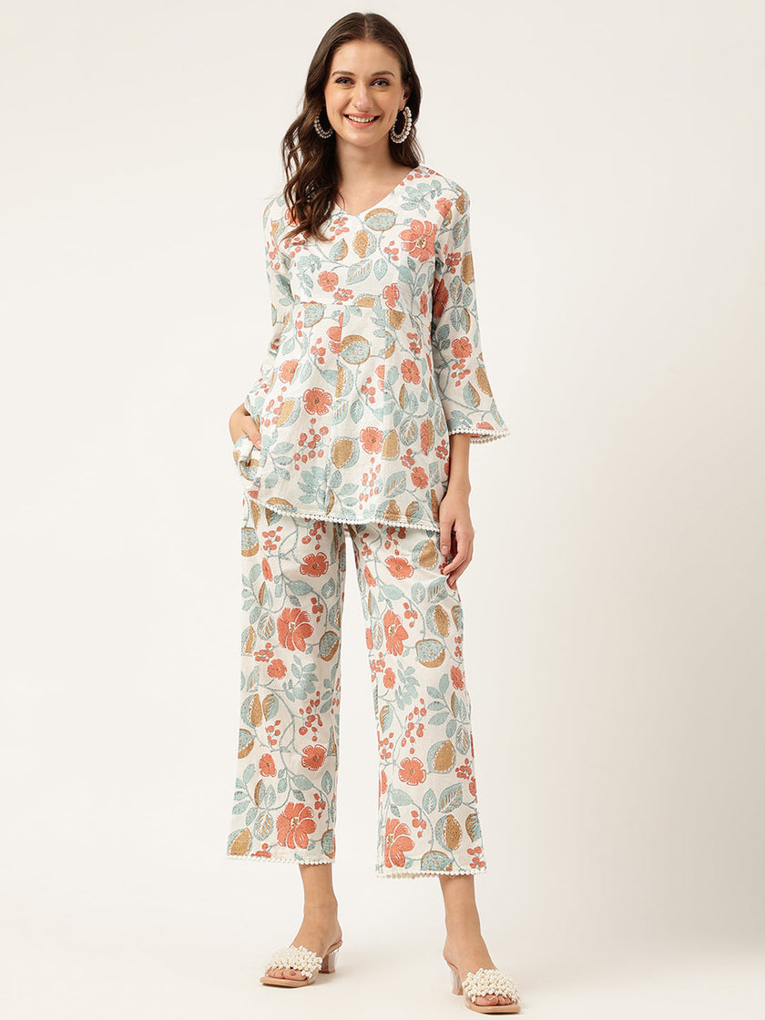 Divena Women Floral Printed Pure Cotton Tunic With Trousers