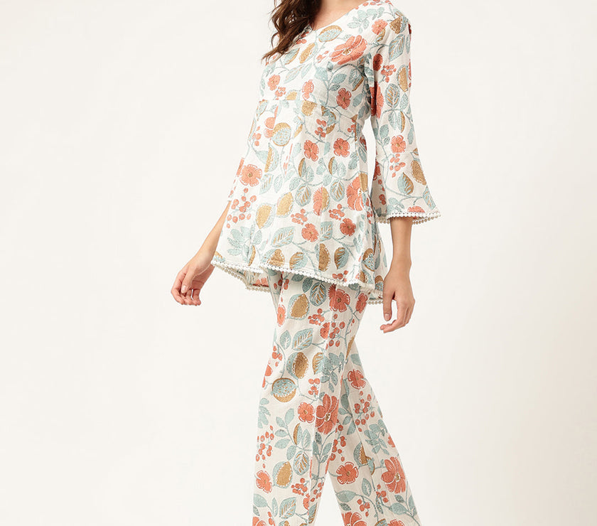 Divena Women Floral Printed Pure Cotton Tunic With Trousers