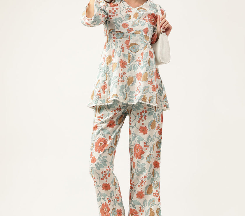 Divena Women Floral Printed Pure Cotton Tunic With Trousers