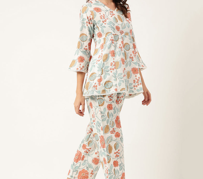 Divena Women Floral Printed Pure Cotton Tunic With Trousers