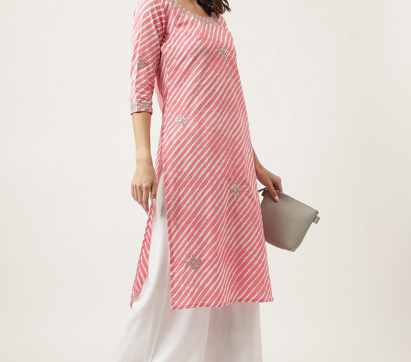 Divena Stripe Print with Gota work cotton Straight Kurta