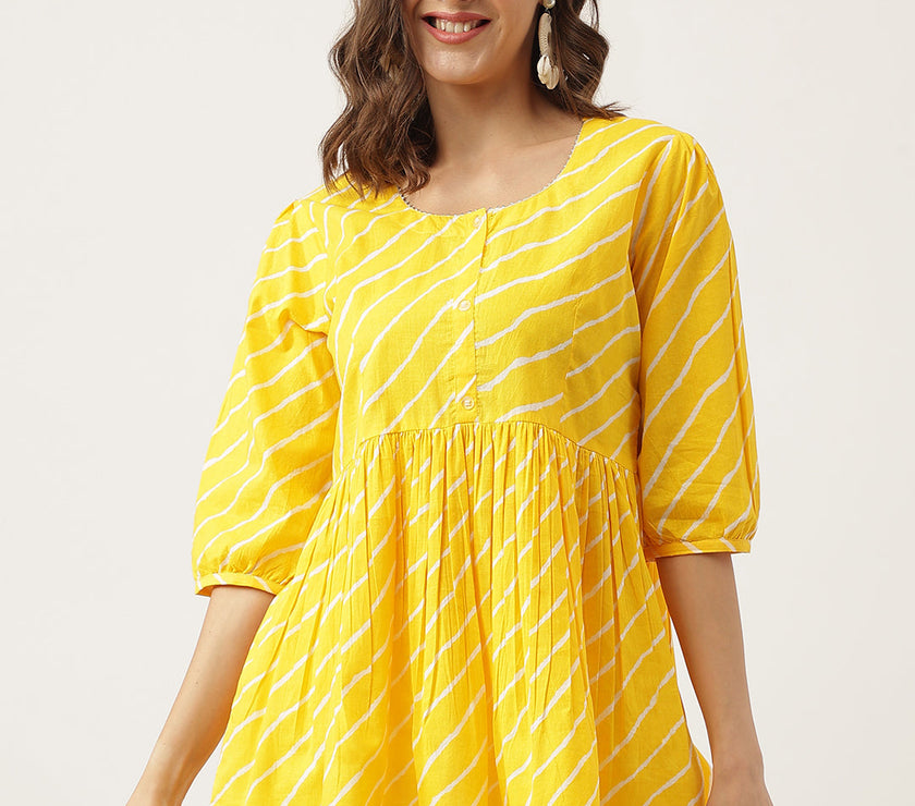 Divena Stripe Printed Yellow Regular Cotton Top