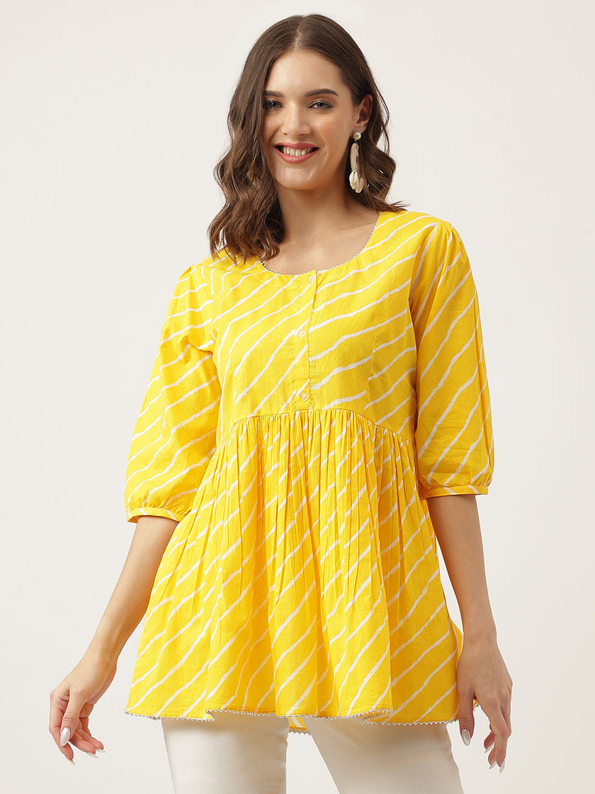 Divena Stripe Printed Yellow Regular Cotton Top