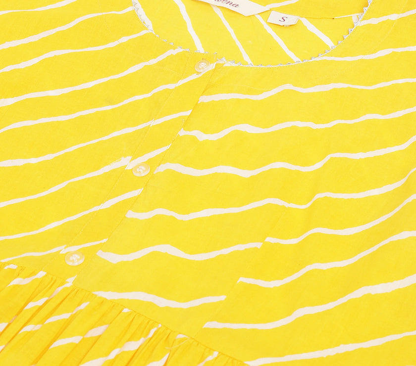 Divena Stripe Printed Yellow Regular Cotton Top