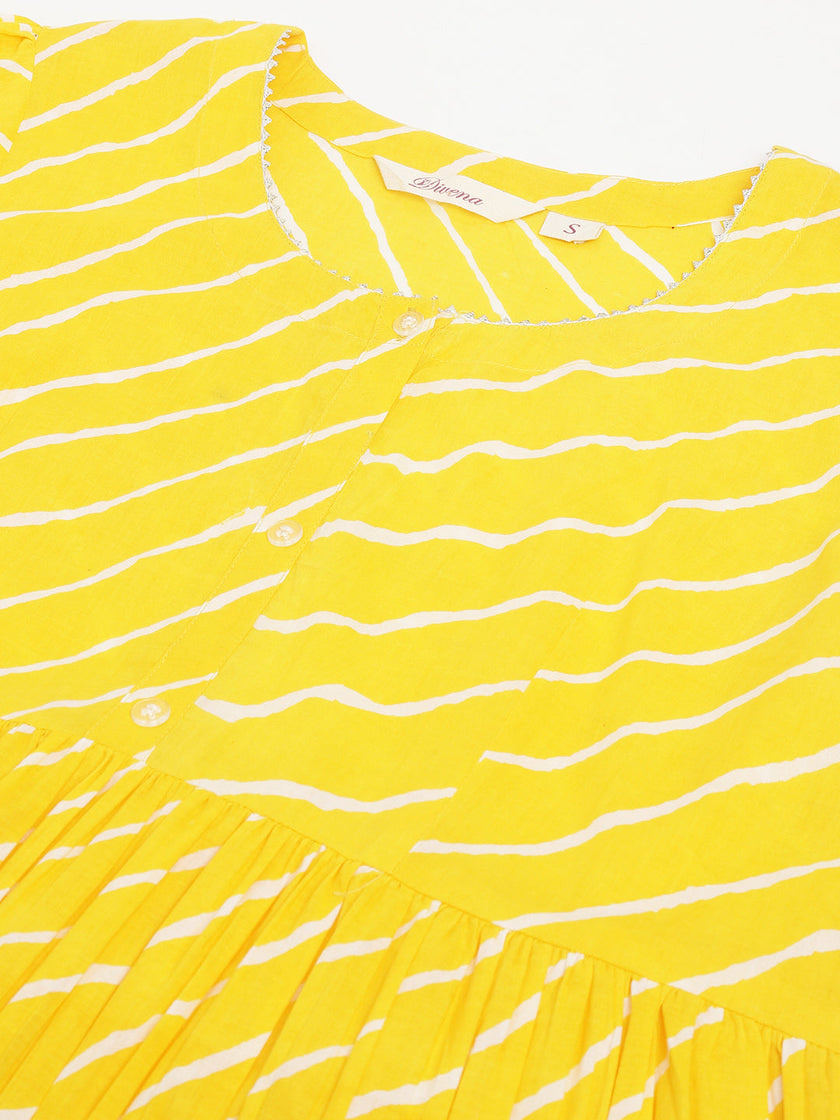 Divena Stripe Printed Yellow Regular Cotton Top