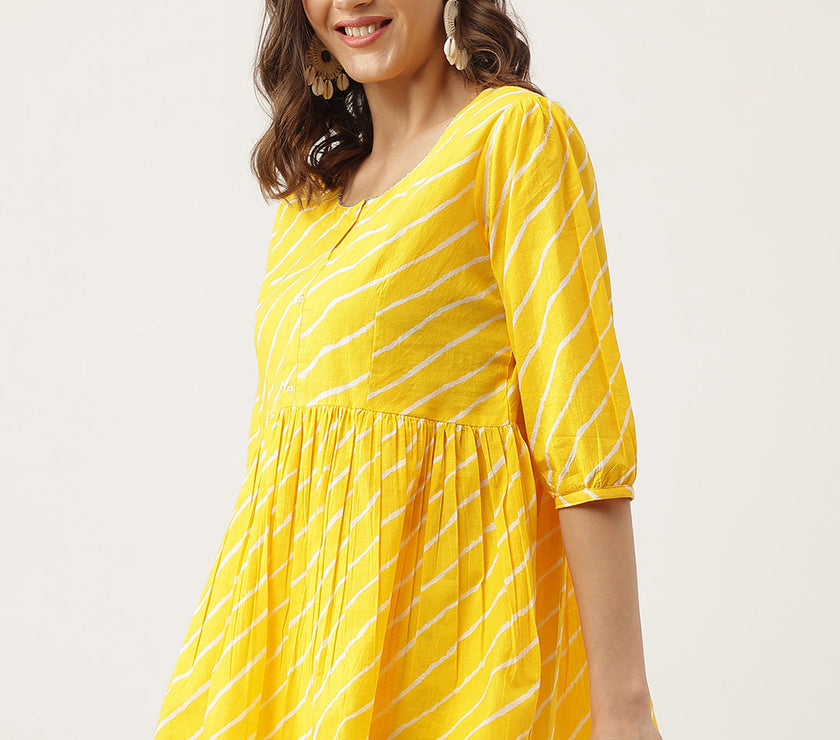 Divena Stripe Printed Yellow Regular Cotton Top