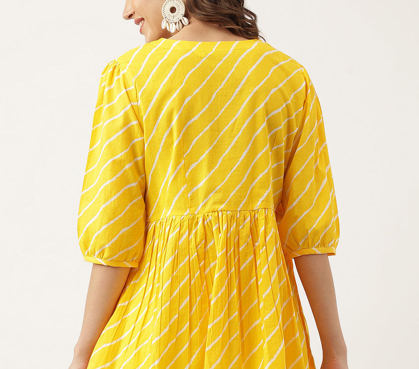 Divena Stripe Printed Yellow Regular Cotton Top