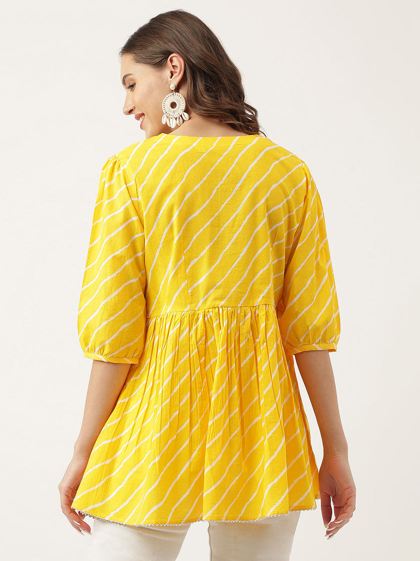 Divena Stripe Printed Yellow Regular Cotton Top