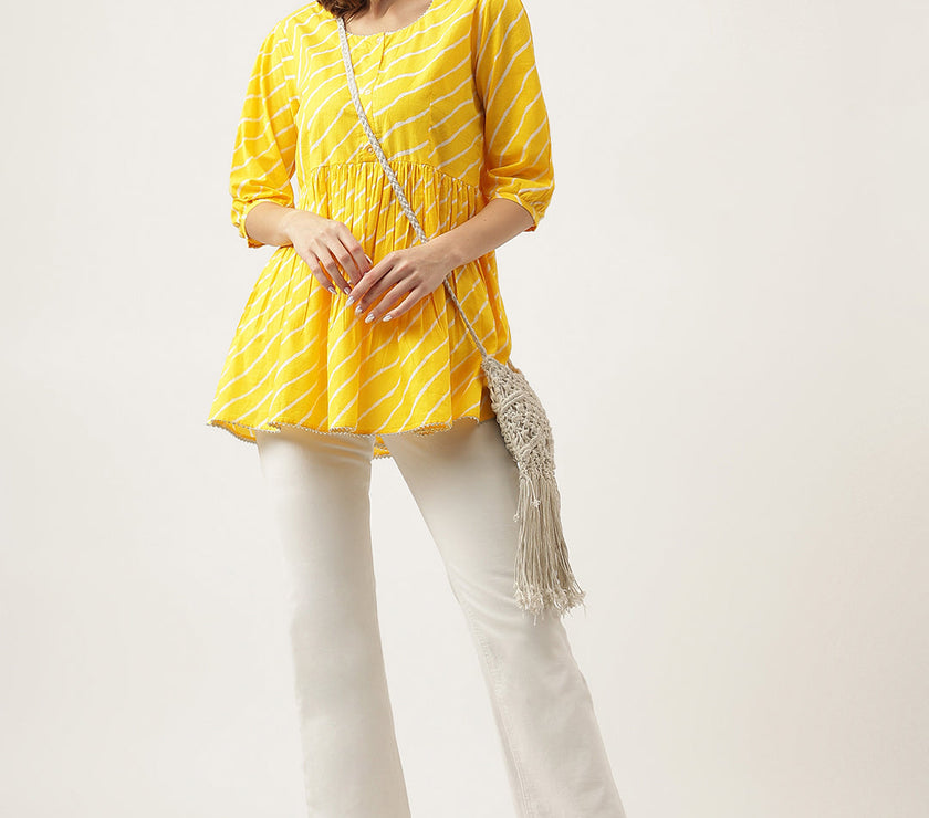 Divena Stripe Printed Yellow Regular Cotton Top