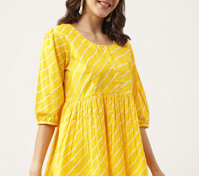 Divena Stripe Printed Yellow Regular Cotton Top