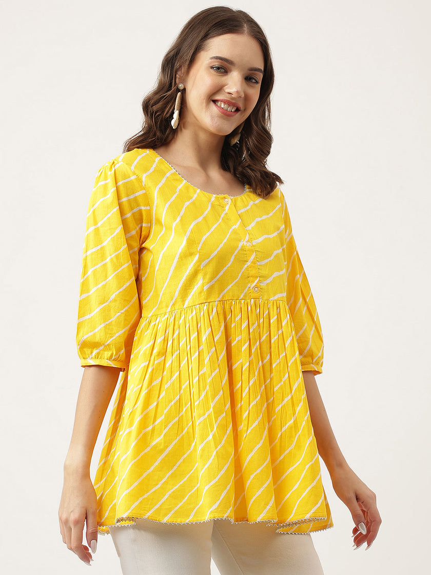 Divena Stripe Printed Yellow Regular Cotton Top