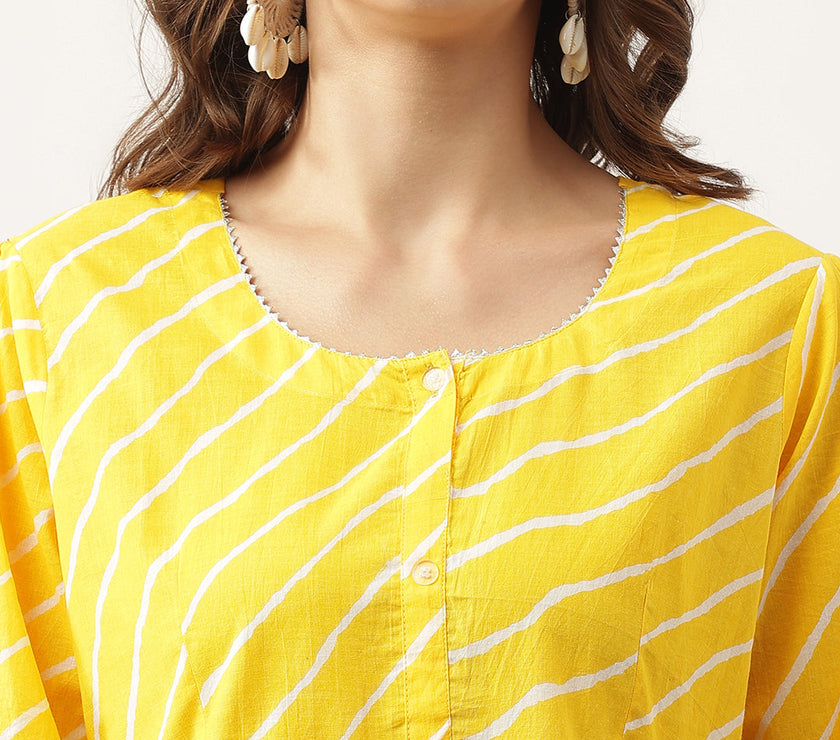 Divena Stripe Printed Yellow Regular Cotton Top