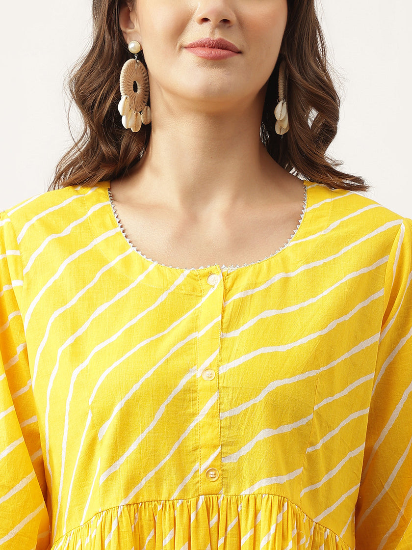 Divena Stripe Printed Yellow Regular Cotton Top