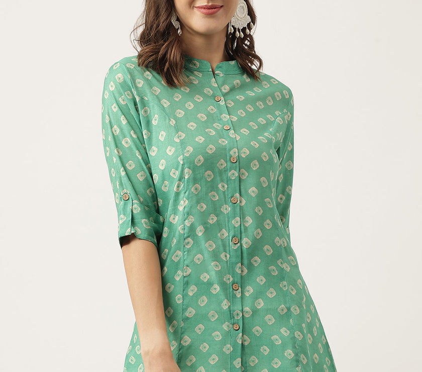 Divena See green Bandhani Printed Muslin Fold Sleeve top