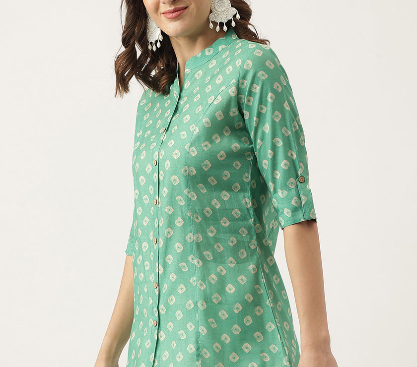 Divena See green Bandhani Printed Muslin Fold Sleeve top