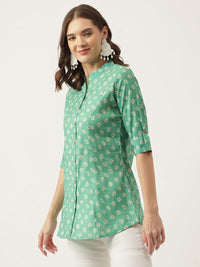 Divena See green Bandhani Printed Muslin Fold Sleeve top