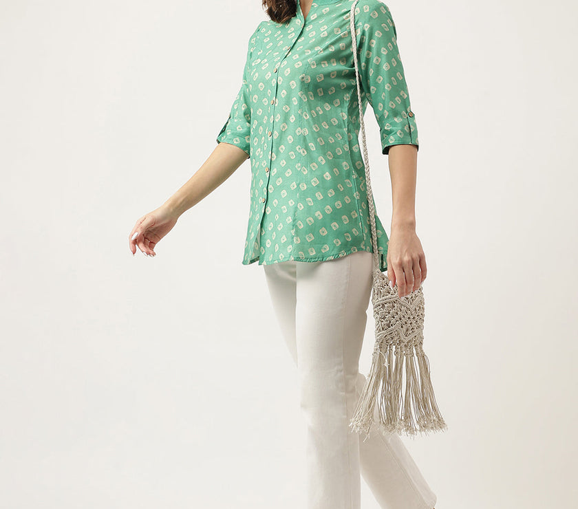 Divena See green Bandhani Printed Muslin Fold Sleeve top