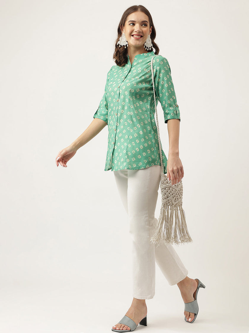 Divena See green Bandhani Printed Muslin Fold Sleeve top