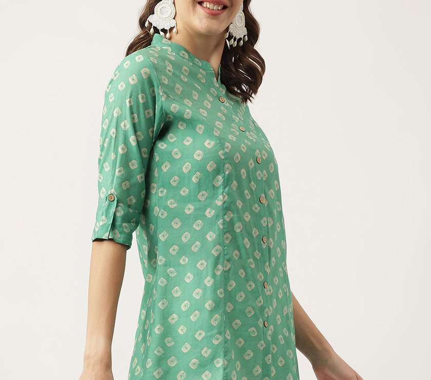 Divena See green Bandhani Printed Muslin Fold Sleeve top