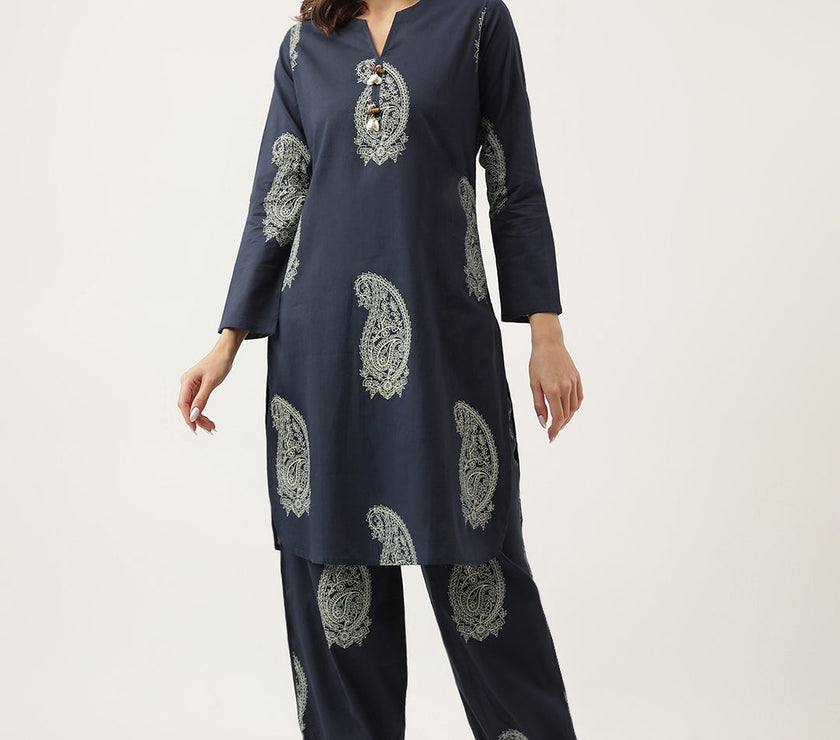 Divena Navy Cotton Paisley Print Kurta Hem Cuffed Pant set