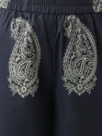 Divena Navy Cotton Paisley Print Kurta Hem Cuffed Pant set