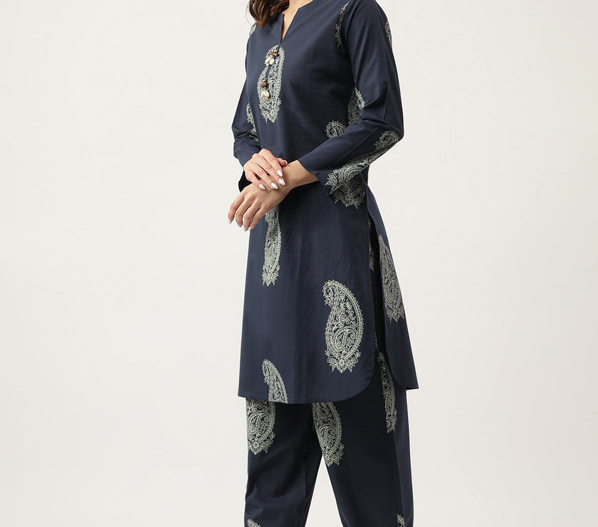 Divena Navy Cotton Paisley Print Kurta Hem Cuffed Pant set