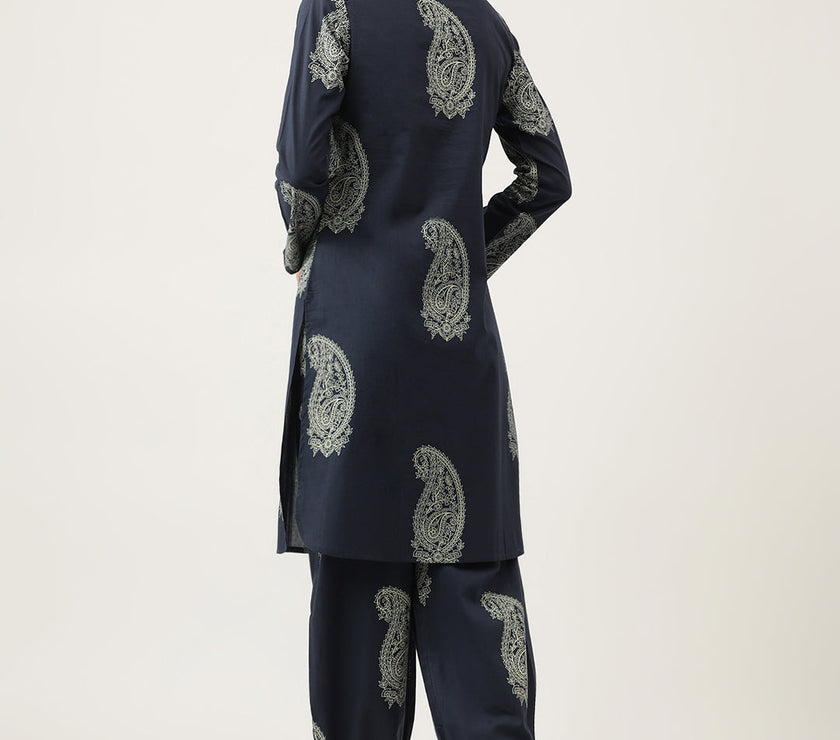 Divena Navy Cotton Paisley Print Kurta Hem Cuffed Pant set