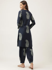 Divena Navy Cotton Paisley Print Kurta Hem Cuffed Pant set