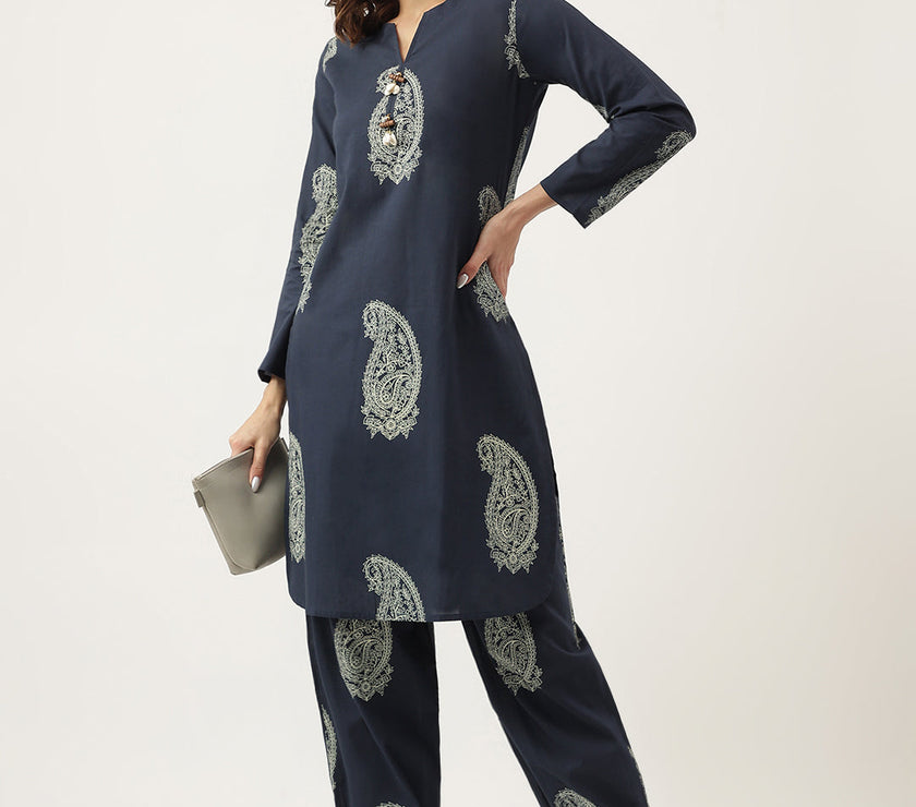 Divena Navy Cotton Paisley Print Kurta Hem Cuffed Pant set