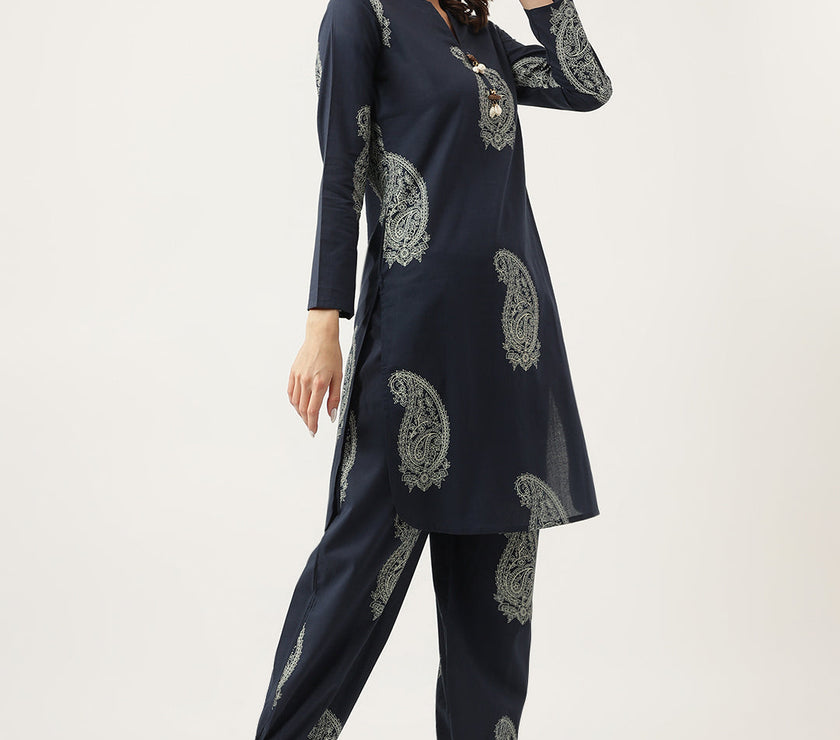 Divena Navy Cotton Paisley Print Kurta Hem Cuffed Pant set