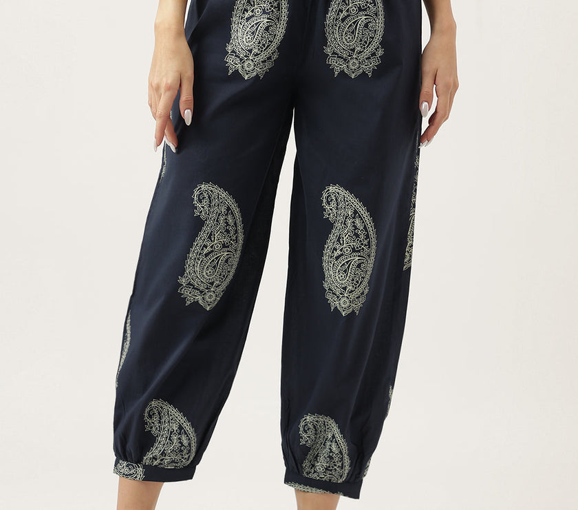 Divena Navy Cotton Paisley Print Kurta Hem Cuffed Pant set