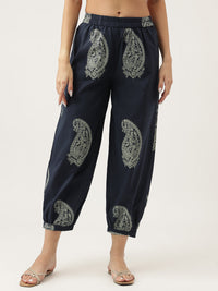 Divena Navy Cotton Paisley Print Kurta Hem Cuffed Pant set