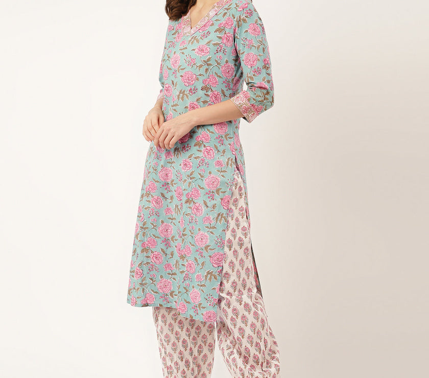 Divena Blue Hand Block Floral Print Cotton Kurta, Salwar With Dupatta