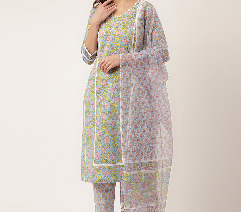 Divena Blue Hand-Block Floral Print Cotton  Kurta, Trouser & Dupatta