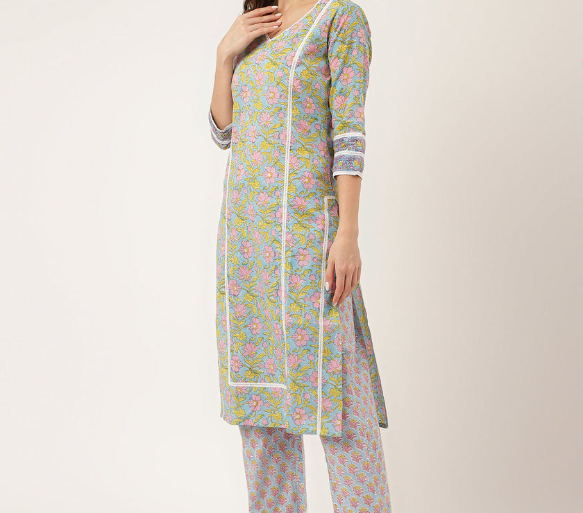 Divena Blue Hand-Block Floral Print Cotton  Kurta, Trouser & Dupatta