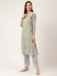 Divena Blue Hand-Block Floral Print Cotton  Kurta, Trouser & Dupatta