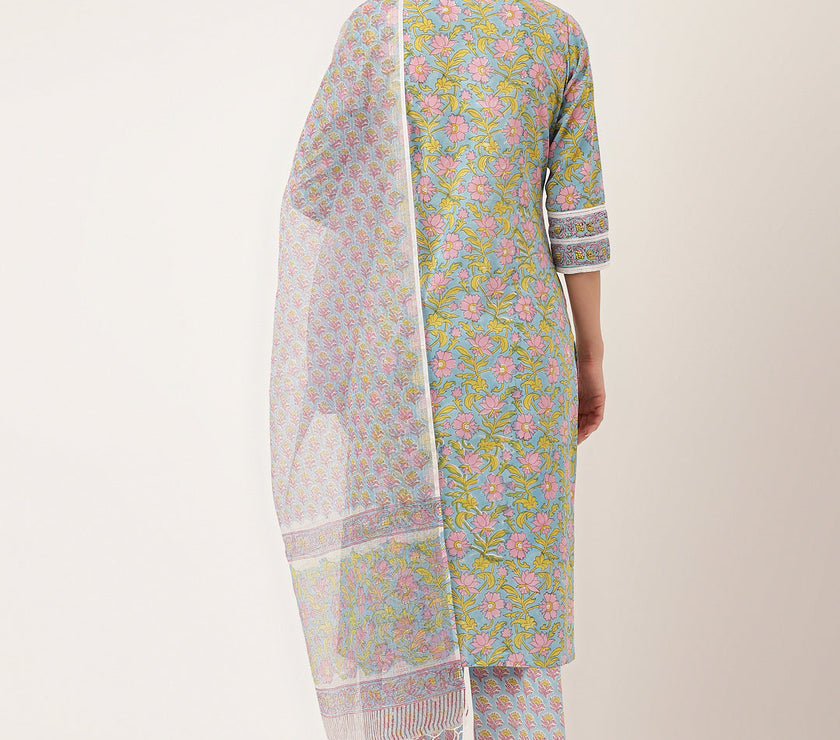 Divena Blue Hand-Block Floral Print Cotton  Kurta, Trouser & Dupatta