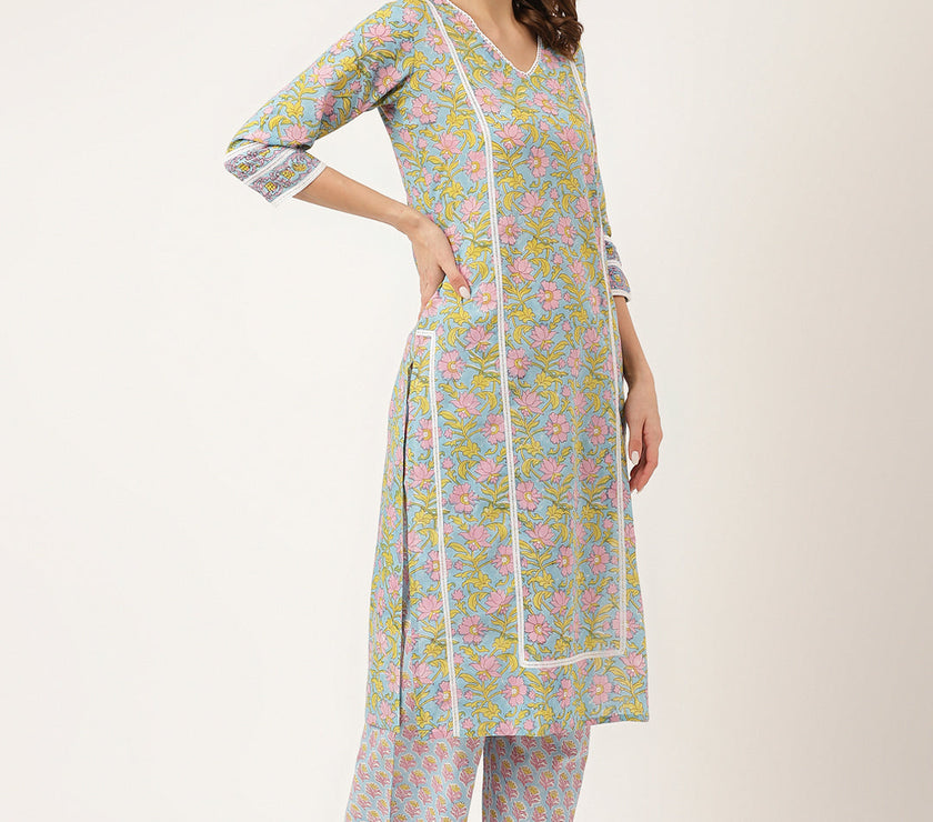 Divena Blue Hand-Block Floral Print Cotton  Kurta, Trouser & Dupatta