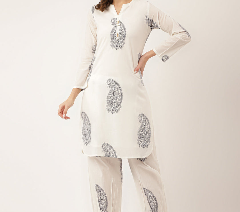 Divena White Paisley Print Cotton Co-ord Set with Mulmul Cotton Lining